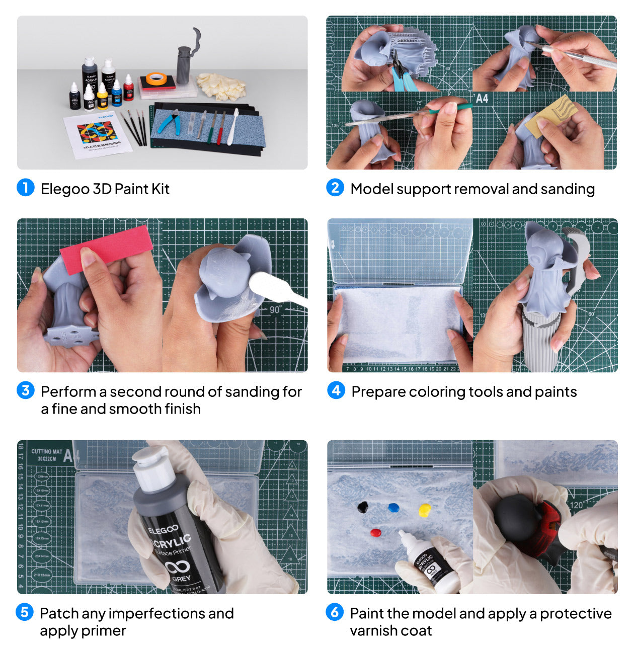 Processo passo a passo de preparação e pintura ELEGOO 3D Paint Kit